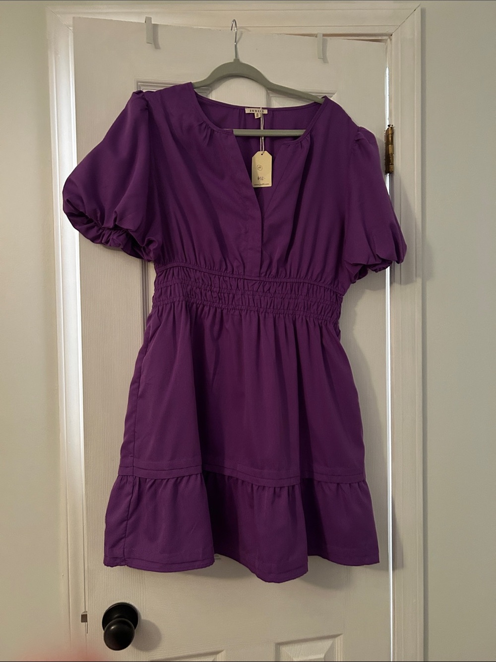 Purple Short Sleeve Smocked Waist Dress